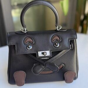 20cm black brown leather mini doll picto idolle top handle handbag